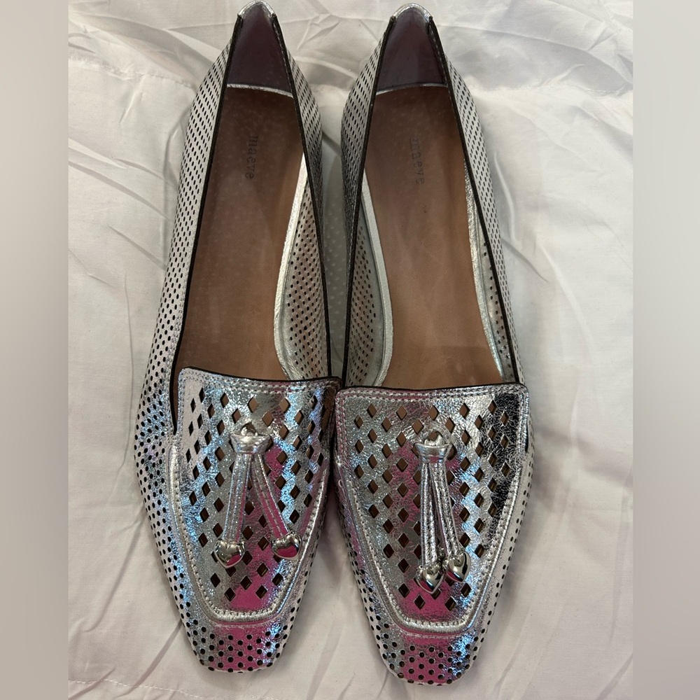 Anthropologie Maeve Metallic Silver Perforated Loafers